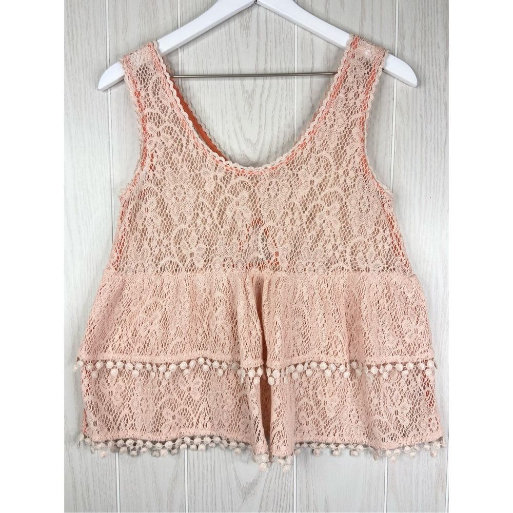 Free People Women's Pink Daydream Baby Doll Boho Crochet Lace Tank Top Small - Picture 1 of 5